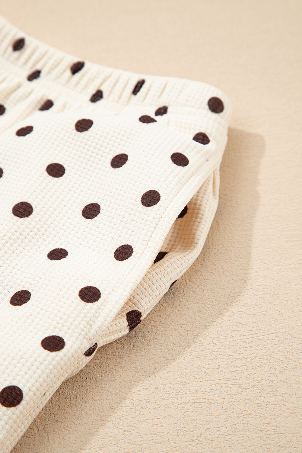 White Polka Dot Print Notched Neck Long Sleeve Top Drawstring Jogger Pants Waffle Knit Lounge Set