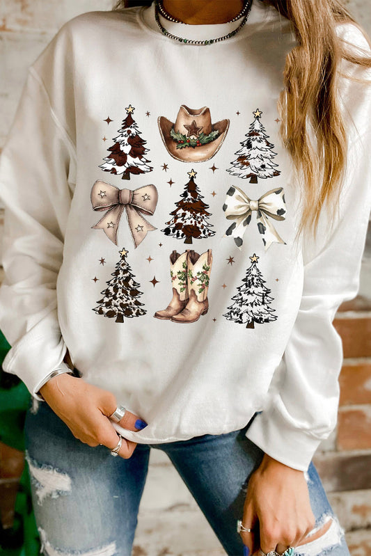 White Bow Christmas Tree Heat Transfer Printing Drop Shoulder Sweatshirt