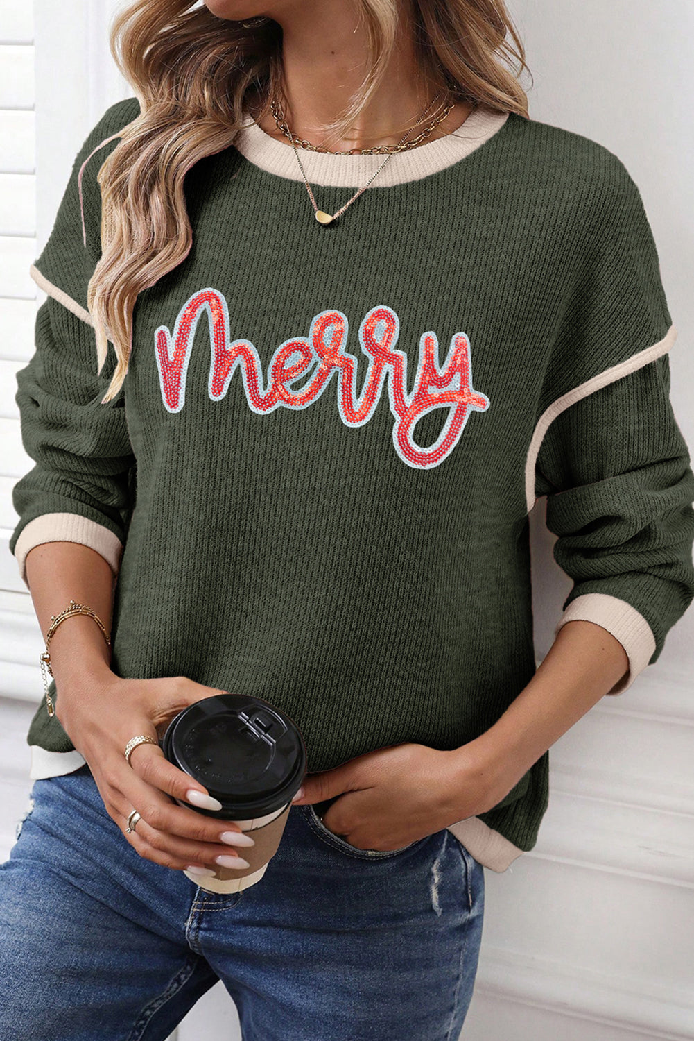 Merry Sequins Patch Contrast Trim Christmas Knitted Long Sleeve Top