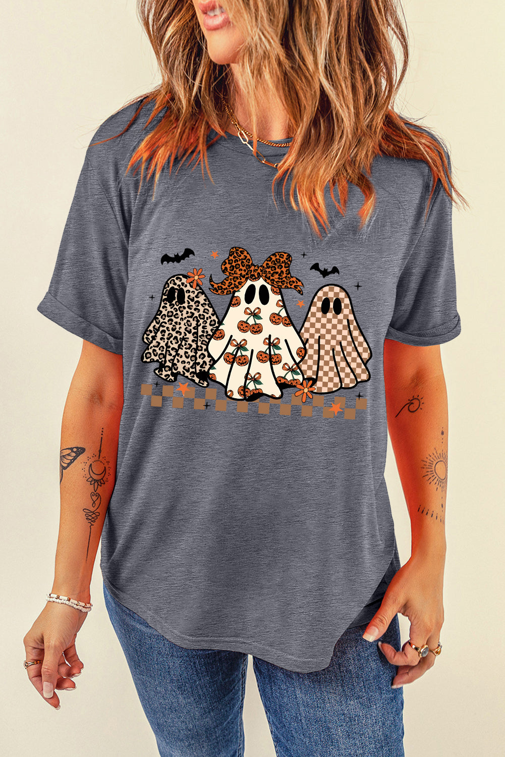 Gray Cute Halloween Ghost Heat Transfer Printing Casual Tee