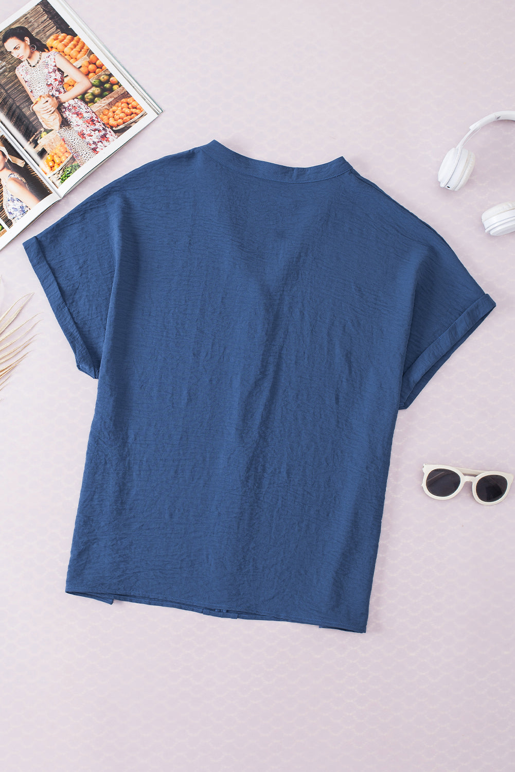 Sail Blue Notched Neck Batwing Sleeve Blouse