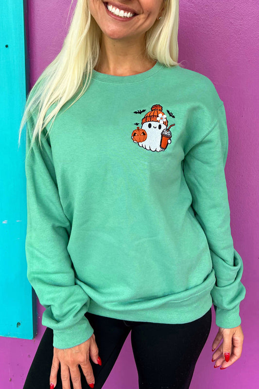 Aruba Blue Cute Halloween Ghost Embroidered Sweatshirt