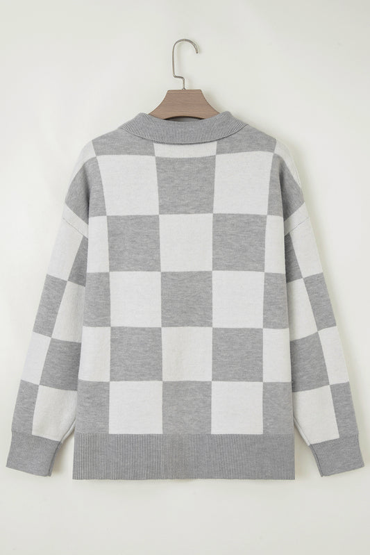 Gray Plus Size Checkered Pattern Button Polo Collar Split Sweater