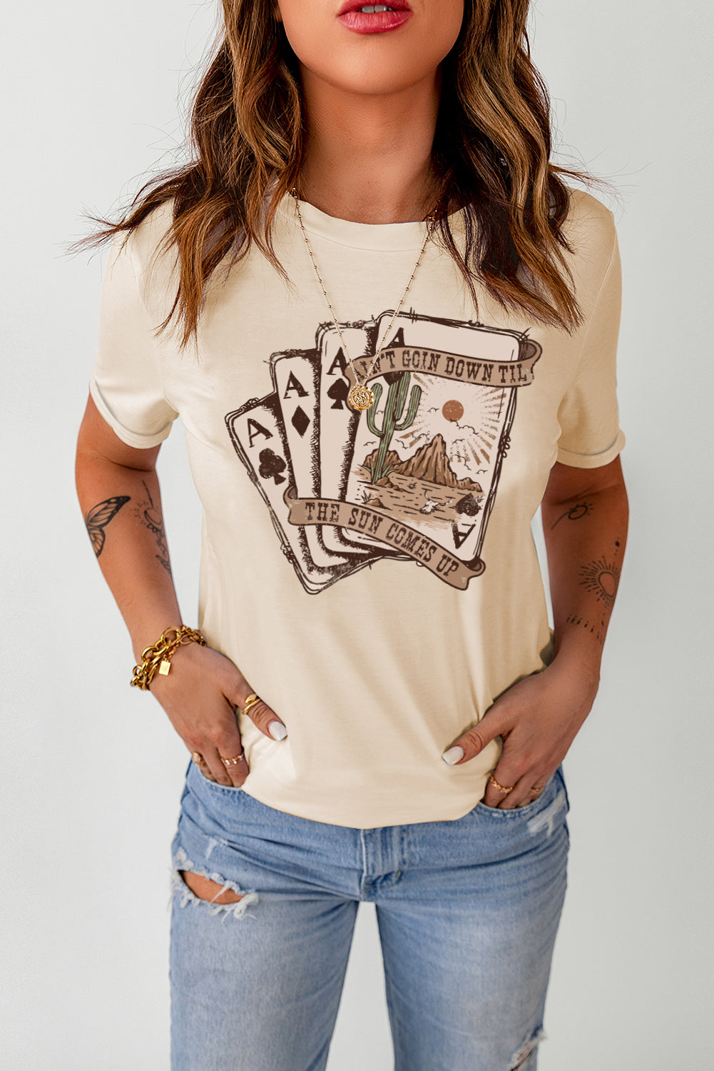 Khaki Western Poker Card Graphic T Shirt