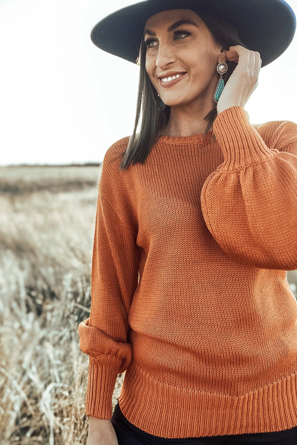 Gold Flame Solid Color Ribbed Trim Drop Shoulder Sweater