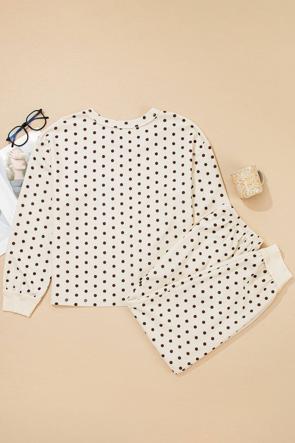White Polka Dot Print Notched Neck Long Sleeve Top Drawstring Jogger Pants Waffle Knit Lounge Set
