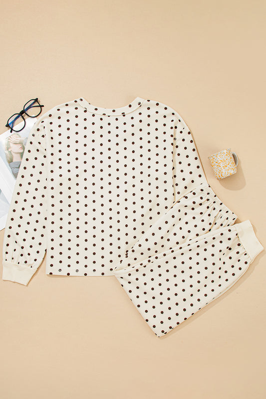 White Polka Dot Print Notched Neck Long Sleeve Top Drawstring Jogger Pants Waffle Knit Lounge Set