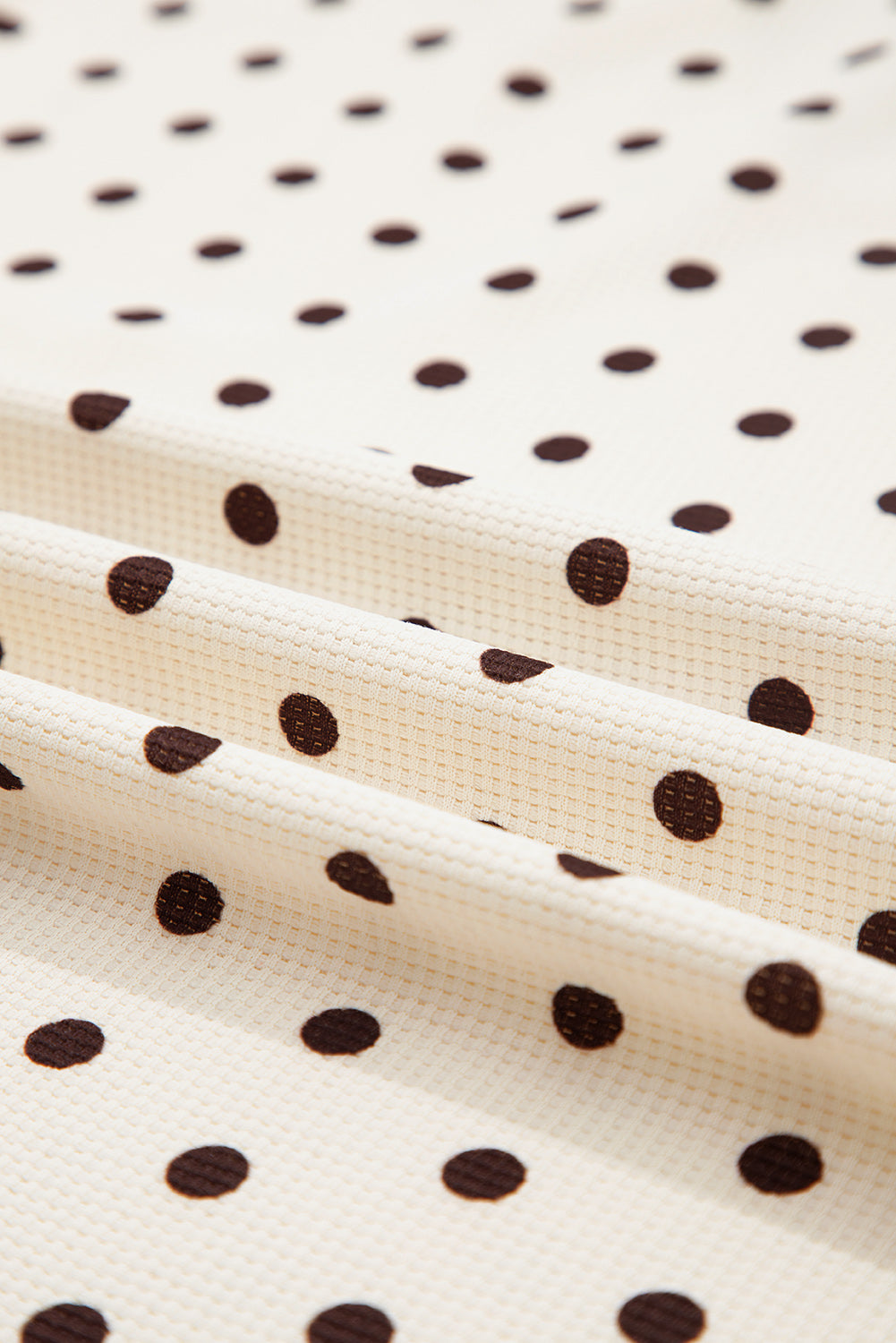 White Polka Dot Print Notched Neck Long Sleeve Top Drawstring Jogger Pants Waffle Knit Lounge Set