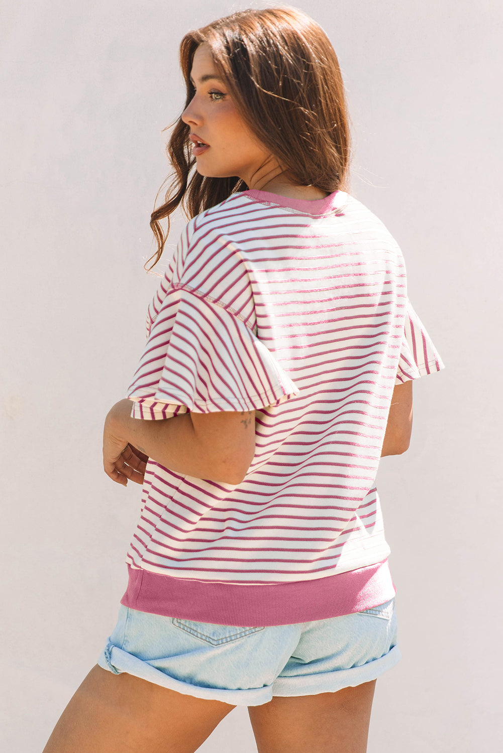 Sachet Pink Contrast Detail Striped Ruffle Short Sleeve Top