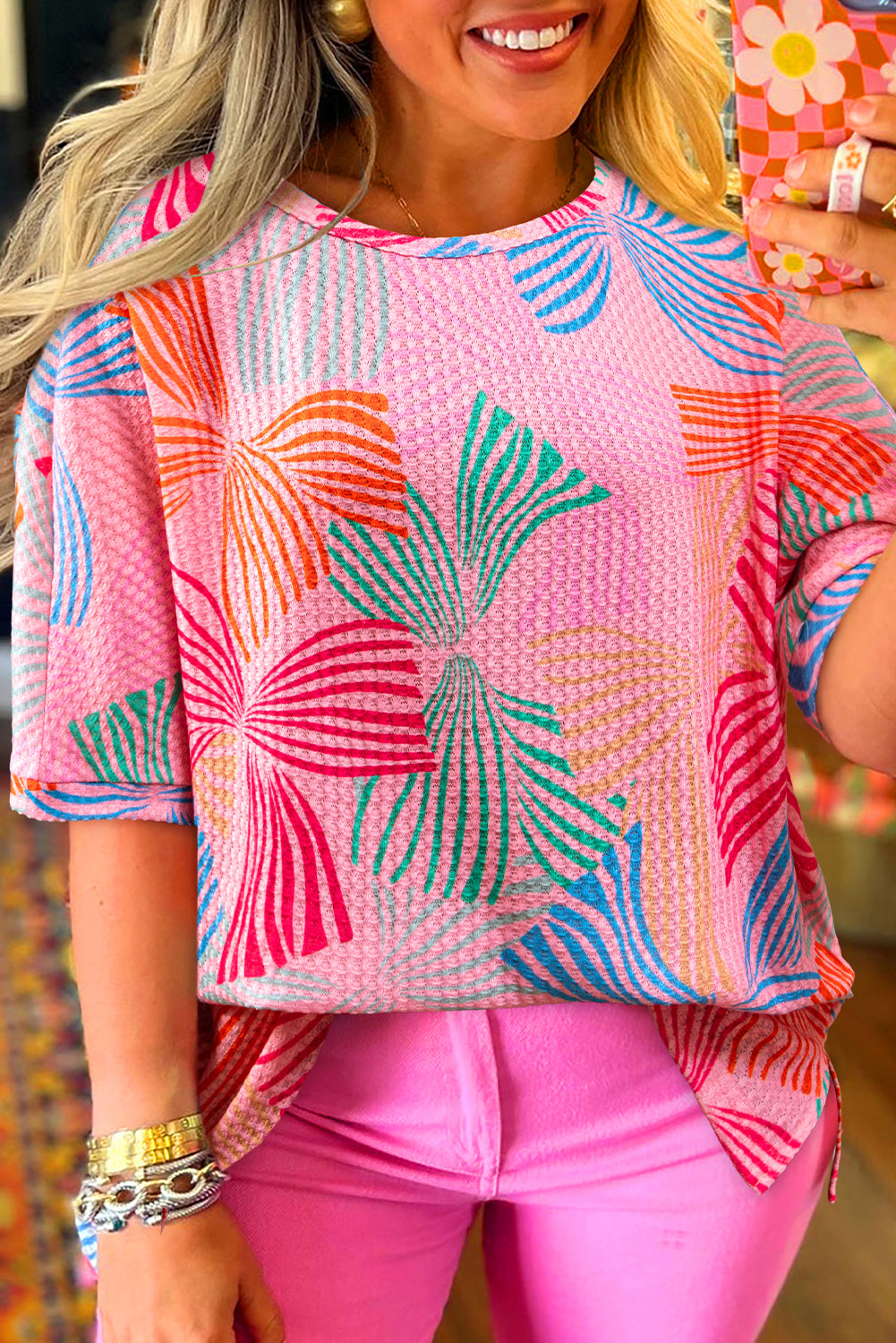 Multicolour Bowknot Printed Waffle Crewneck Loose Short Sleeve Top