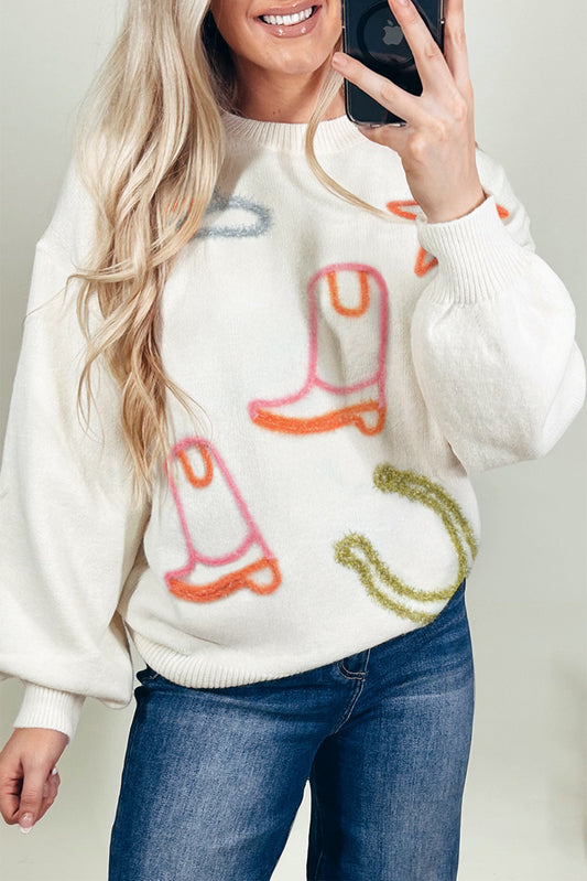 White Tinsel Boots Horseshoe Star Pattern Knit Sweater