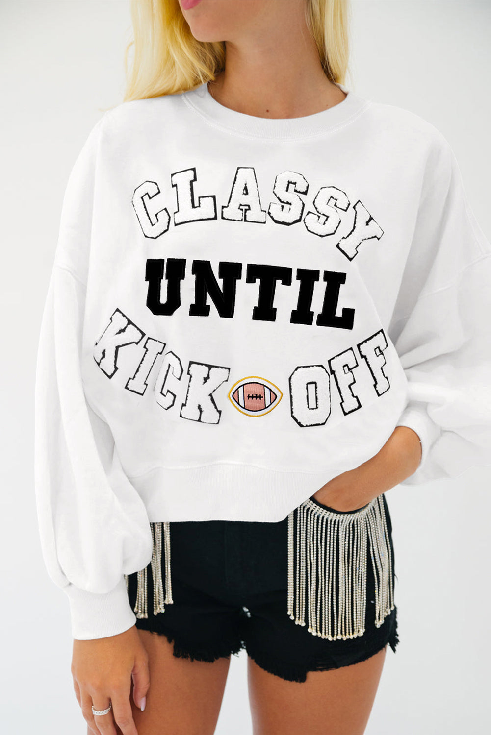 White CLASSY UNTIL KICKOFF Letter Graphic Loose Sweatshirt