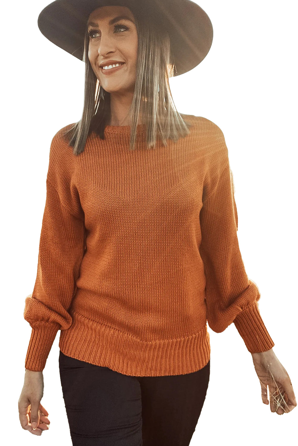 Gold Flame Solid Color Ribbed Trim Drop Shoulder Sweater