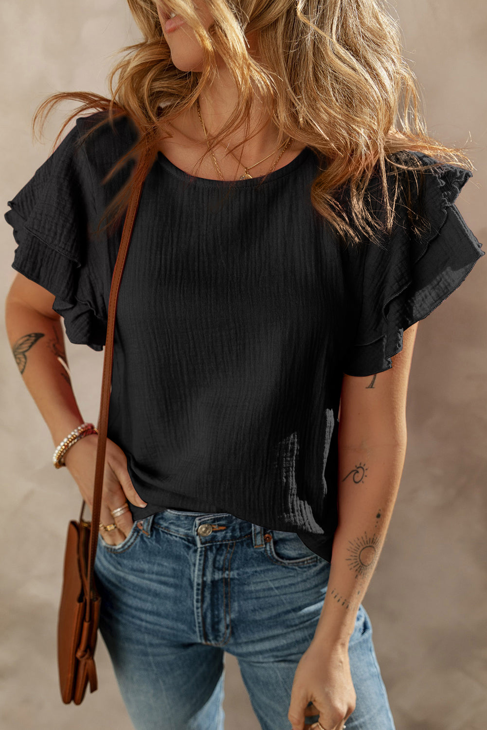 Light Pink Crinkled Cotton Gauze Ruffle Sleeve Blouse