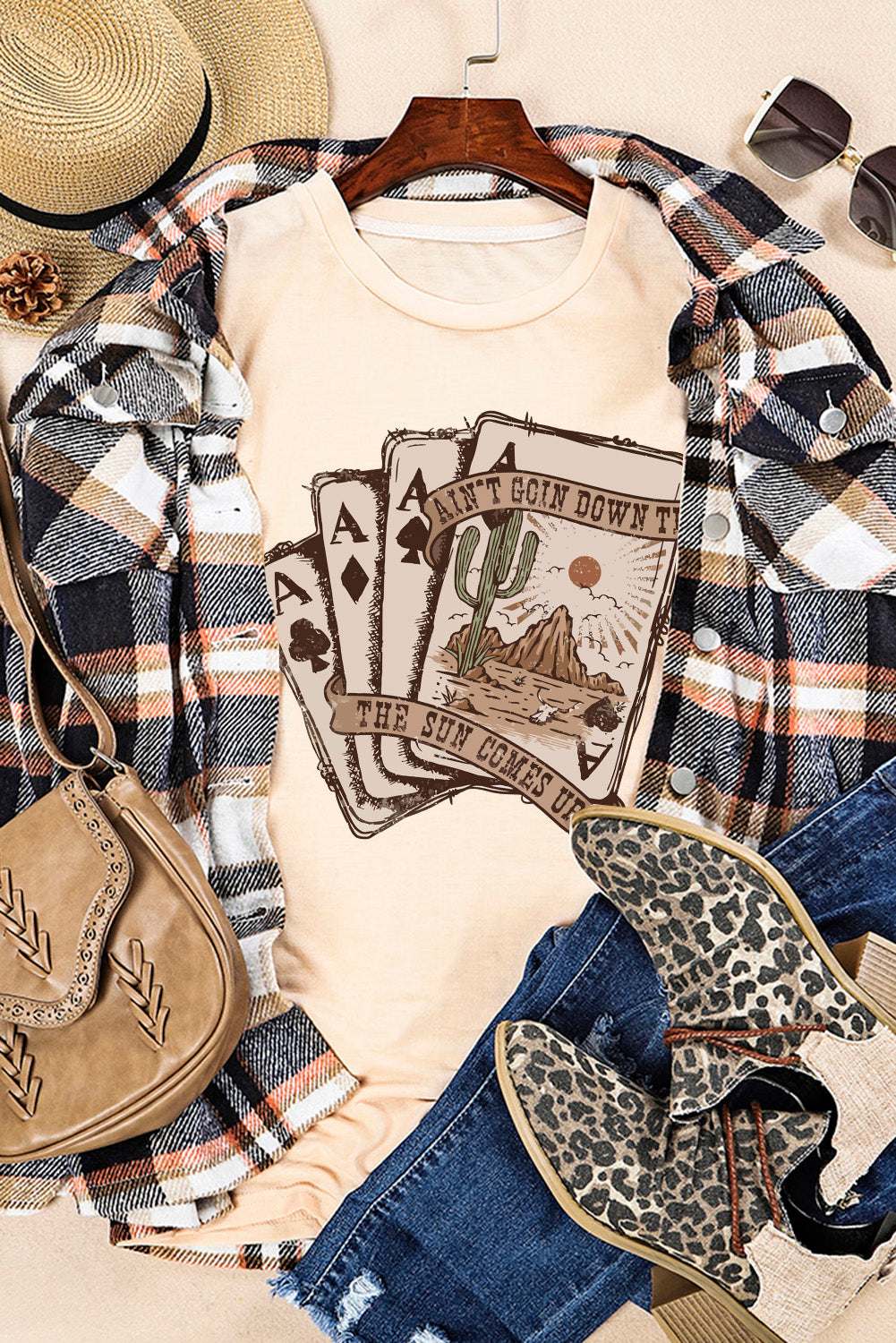 Khaki Western Poker Card Graphic T Shirt