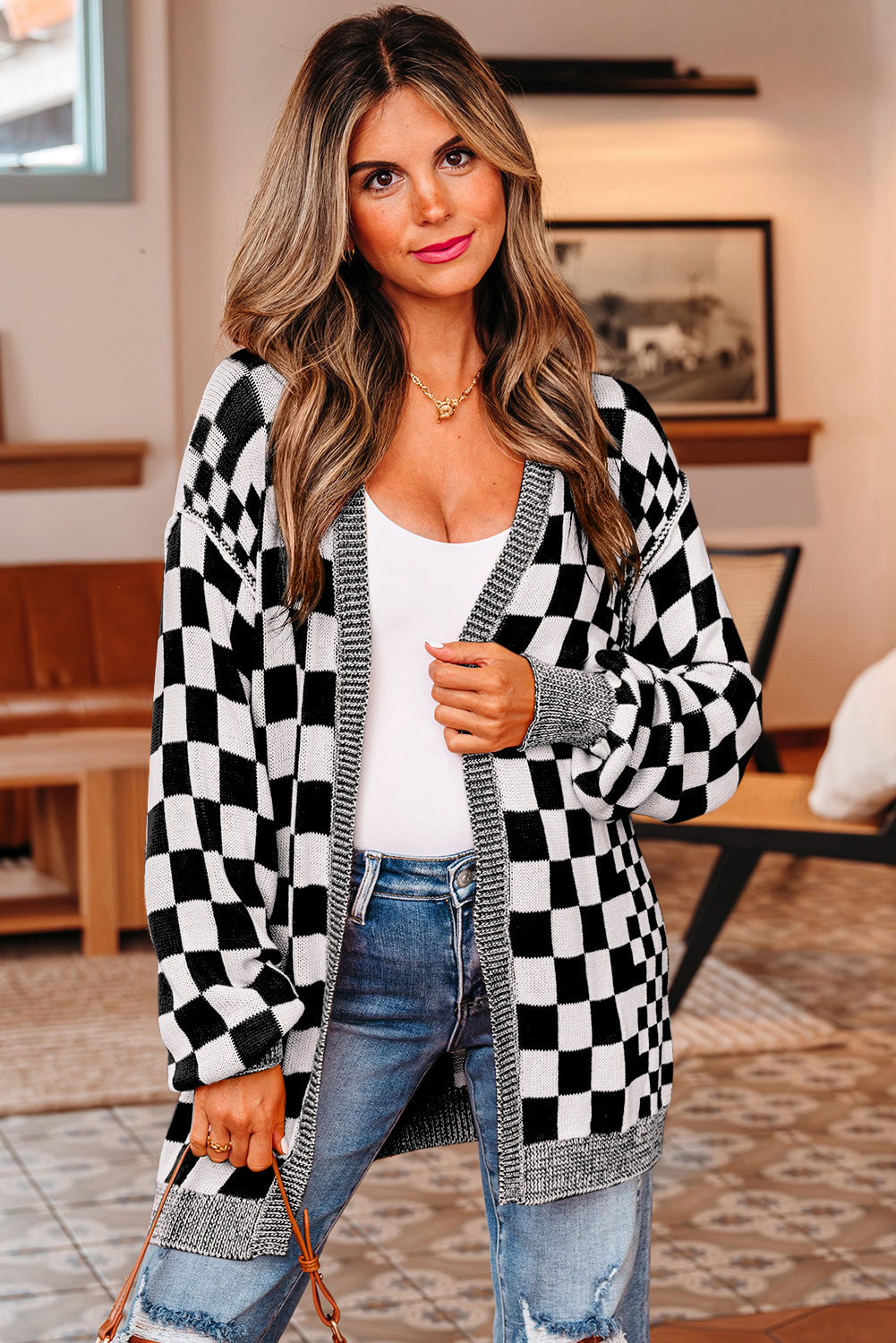 Orange Checkered Open Front Drop Shoulder Cardigan