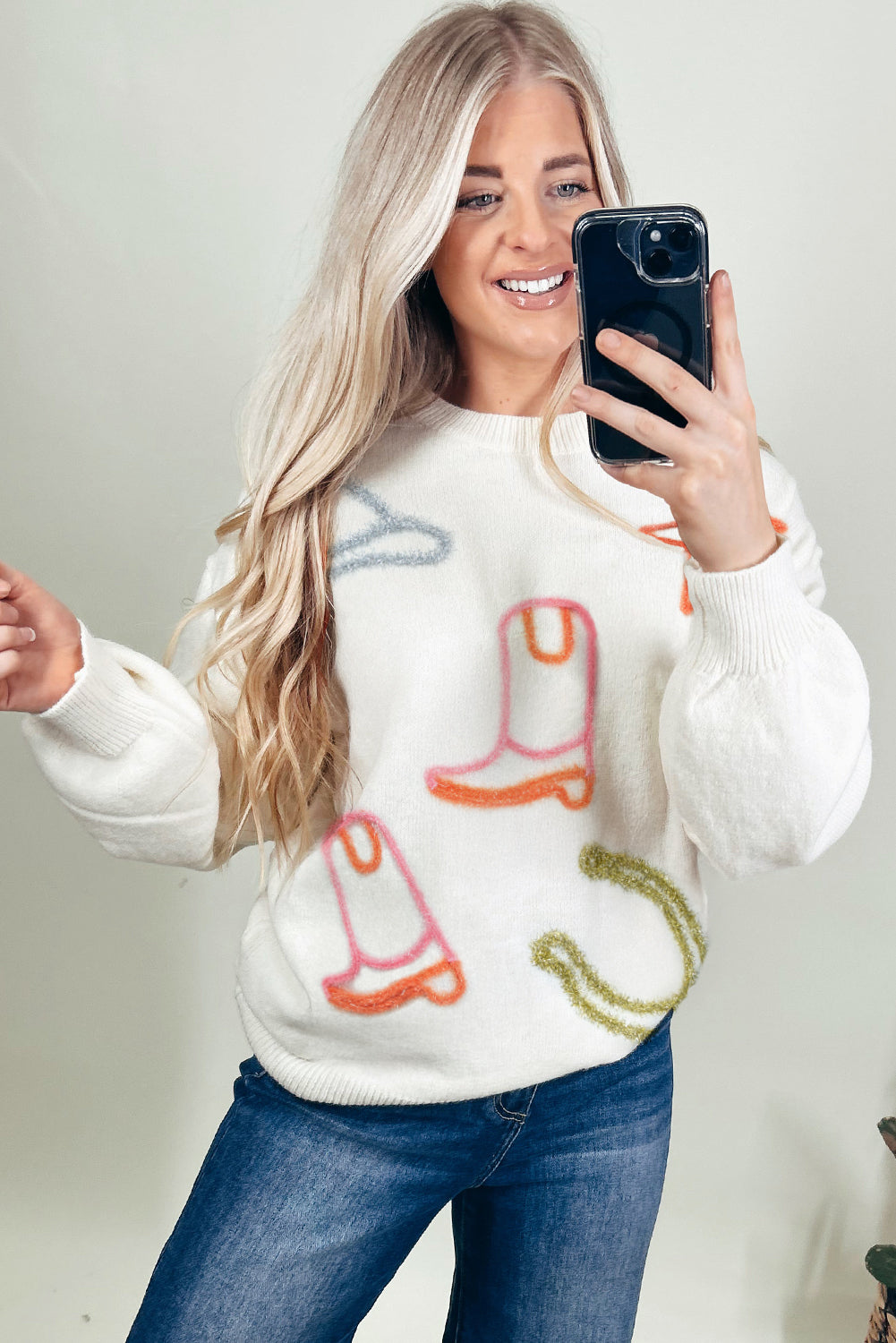 White Tinsel Boots Horseshoe Star Pattern Knit Sweater