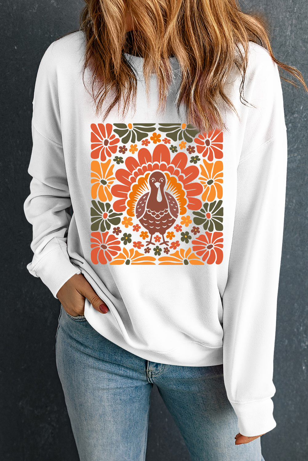 White Thanksgiving Turkey Heat Transfer Printing Holiday Crew Neck Sweatshirt