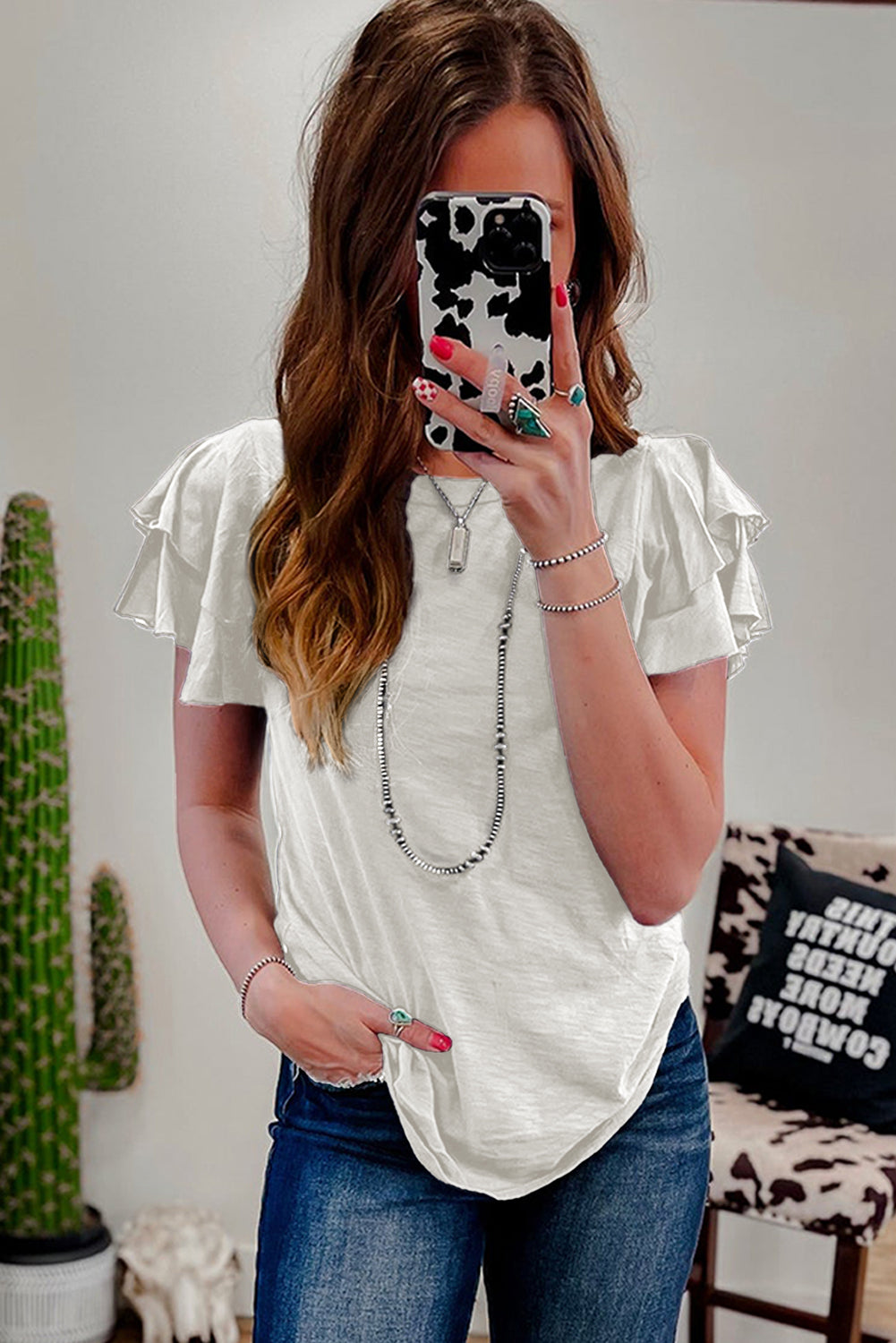 Dark Grey Layered Ruffle Short Sleeve Round Neck Top