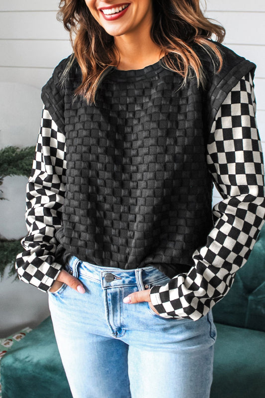 Black Plaid Textured Checkered Patchwork Long Sleeve Top